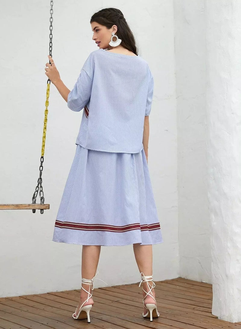 Ruched Sleeve Contrast Tape Trim Striped 1 Top & 1 Skirt Set  - Image 2