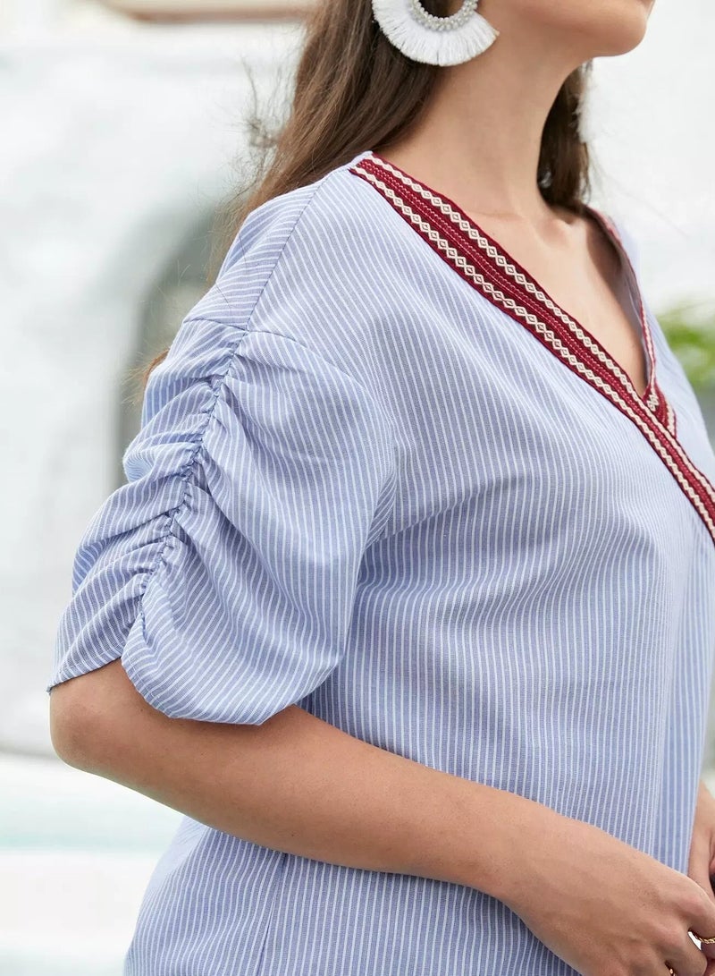 Ruched Sleeve Contrast Tape Trim Striped 1 Top & 1 Skirt Set  - Image 3