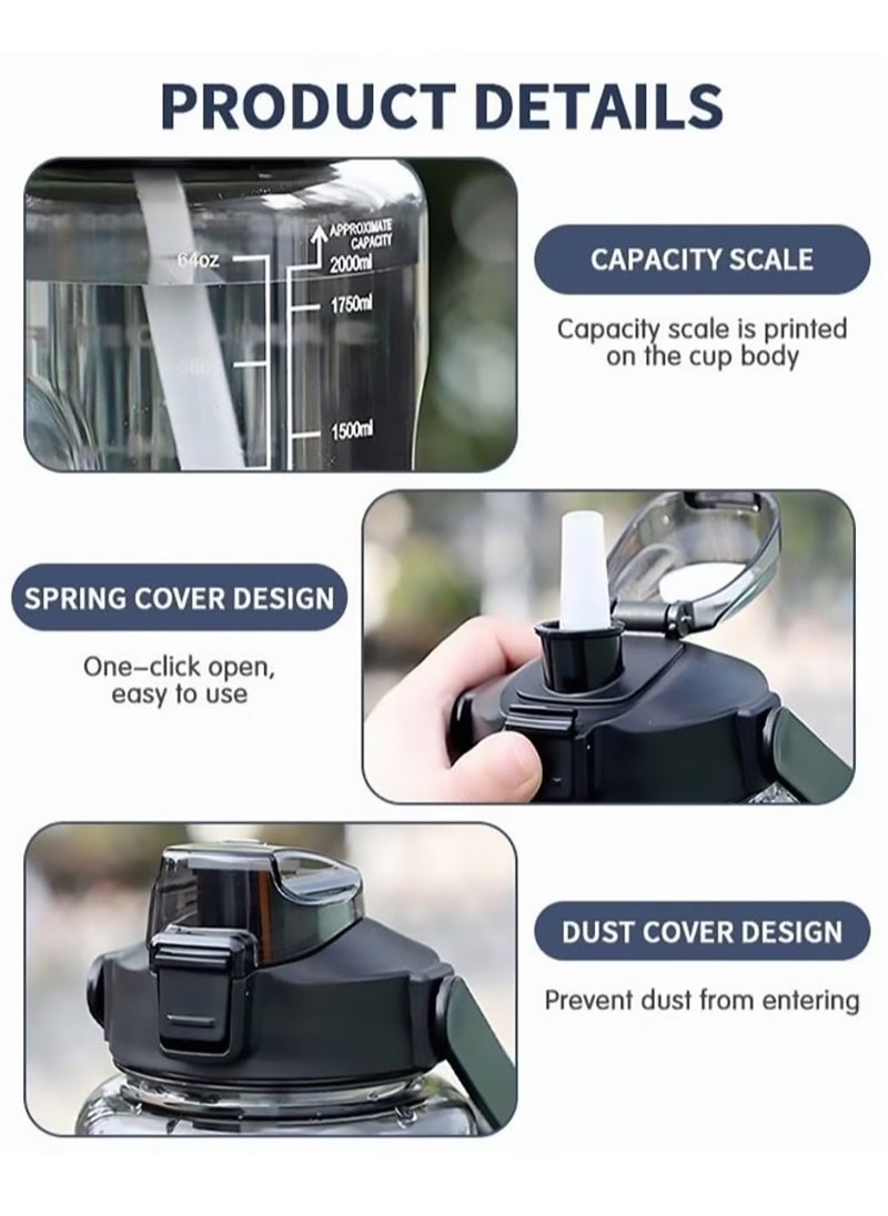 Arabest Water Bottle, 2000 ml Large Sports Water Cup with Removable Straw and Time Marking, Fitness Kettle for Running, Yoga, Camping  - Image 2