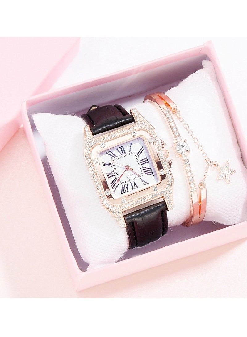 Fashionable bucket shaped square women's quartz watch with exquisite rhinestones on the dial, a two-piece set of watches and bracelets  - Image 1