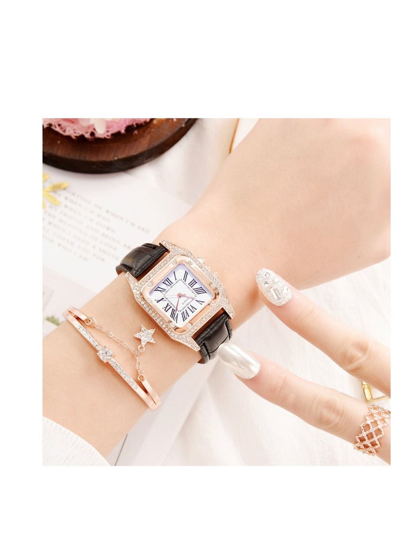 Fashionable bucket shaped square women's quartz watch with exquisite rhinestones on the dial, a two-piece set of watches and bracelets  - Image 3