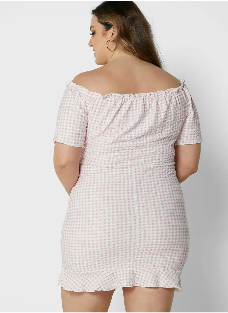 I Saw It First Curve Pink Plus Size Gingham Bardot Frill Hem Dress