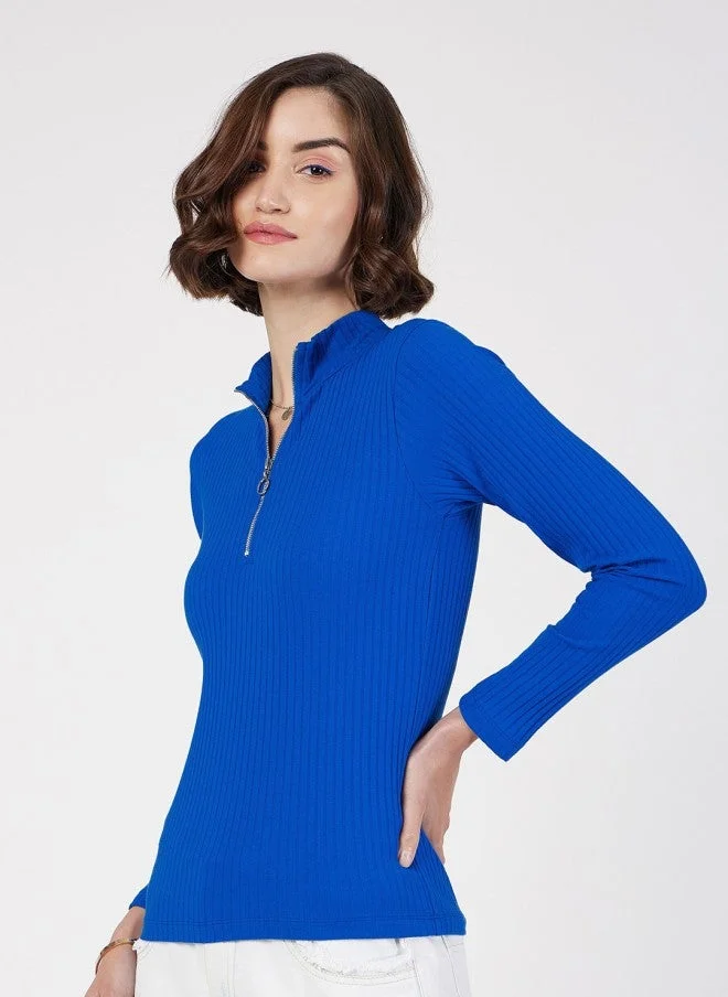SASSAFRAS Blue Ribbed Top With Front Zipper For Women