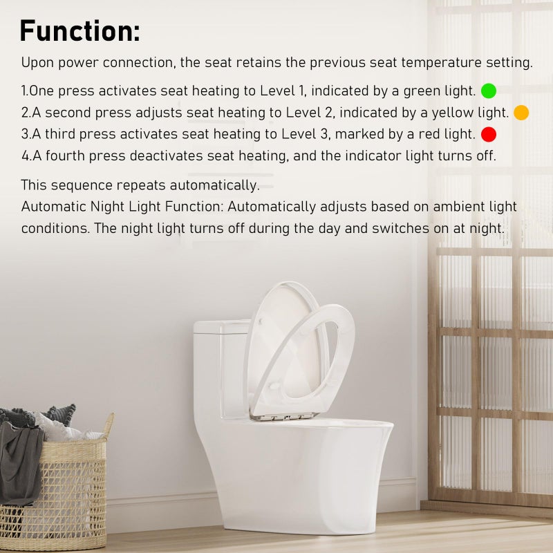 iliD Heated Toilet Seat, Elongated Seat, Three Levels of 90Â°F, 95Â°F,100Â°F, 3D Curved, Lid and Seat Soft Close, Light-sensitive Night Light, IPX4 - Image 5