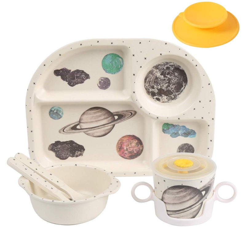 shopwithgreen 7PcsSet Bamboo Kids Dinnerware Set Children Dishes Food Plate Bowl Cup Spoon Fork Set Dishware Cartoon Tableware Dishwasher Safe Kids Healthy Mealtime BPA Free