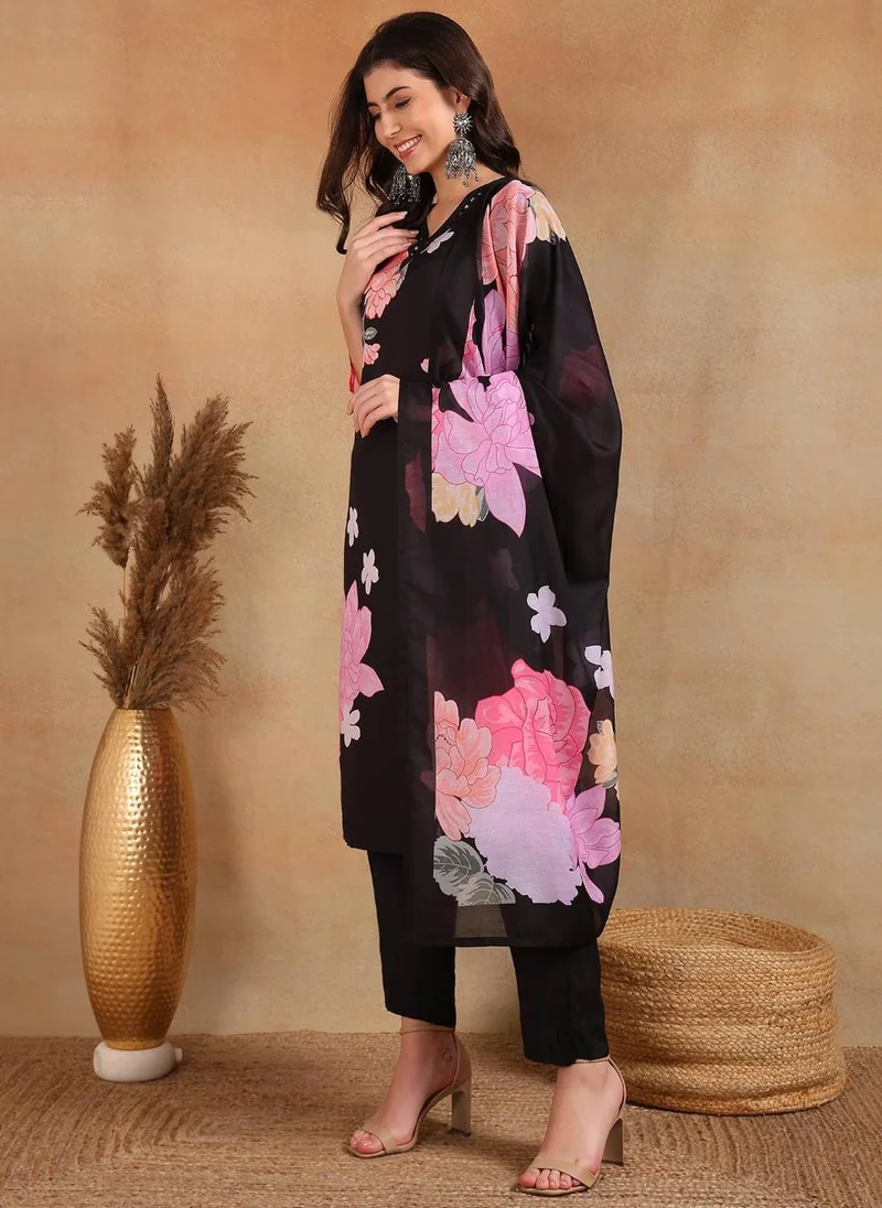 زيري سوق Black Cotton Blend Floral Print Straight 3-Piece Kurta Set