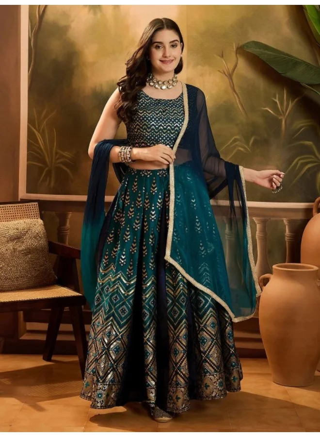 أيه كيه إس Navy Blue & Emerald Green Jacquard Lehenga Choli With Dupatta
