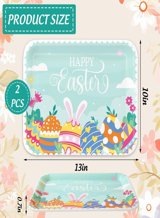 FYSUIMU 2Pcs Happy Easter Serving Tray Colorful Egg Bunny 13 X 10 Inch Reusable Melamine Charcuterie Floral Cheese Appetizer Board Snack Food Serving Platter for Home Spring Birthday Party Supplies - Image 2