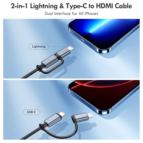 lulaven 2-in-1 Lightning & Type C to HDMI Cable [6FT], HDMI Cable for iPhone, Dual Interface for All iPhones (17/16/15/14/Pro/Max) & iPad Pro/Air, Sync Video and Sound (Not for Laptops or Android) - Image 2