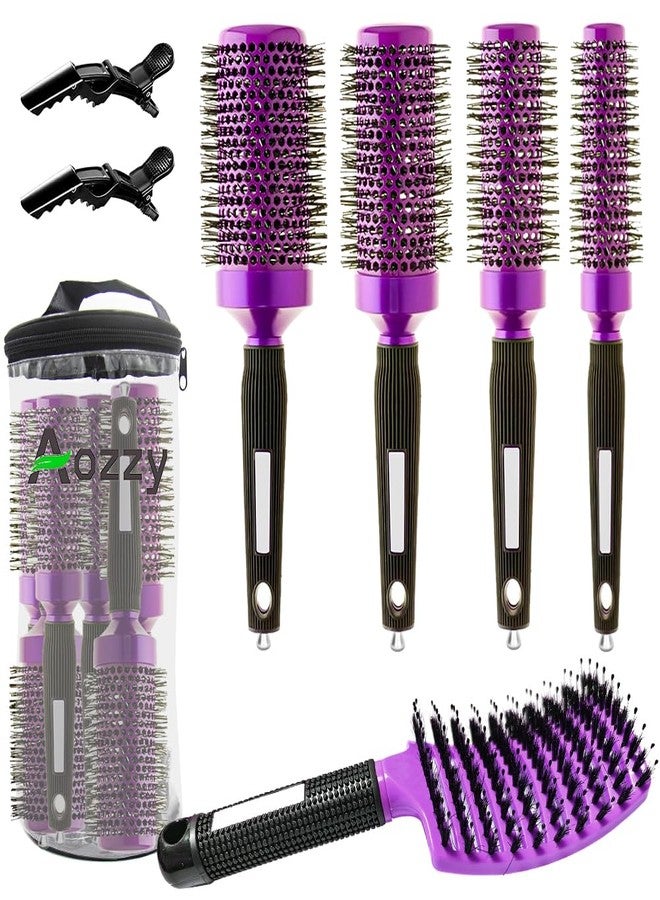 Aozzy 5pcs Blow-Drying Round Hair Brush Set - Ceramic, Boar Bristle Brush for Women - Thermal Barrel Brush Set, Styling & Roller Brush for Shiny, Smooth and Bouncy Hair - Image 1