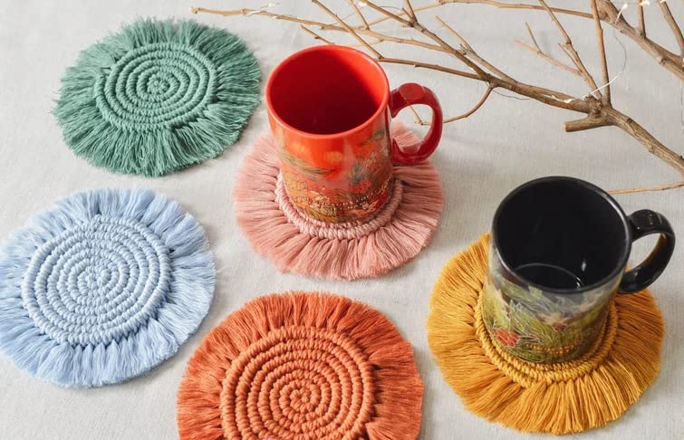 SILVERBILL Macrame Fringe Coaster Woven Coaster Soft Cotton Macrame Candle Mat Bohemian Table Decor Multi ColorSet of 4 - Image 2
