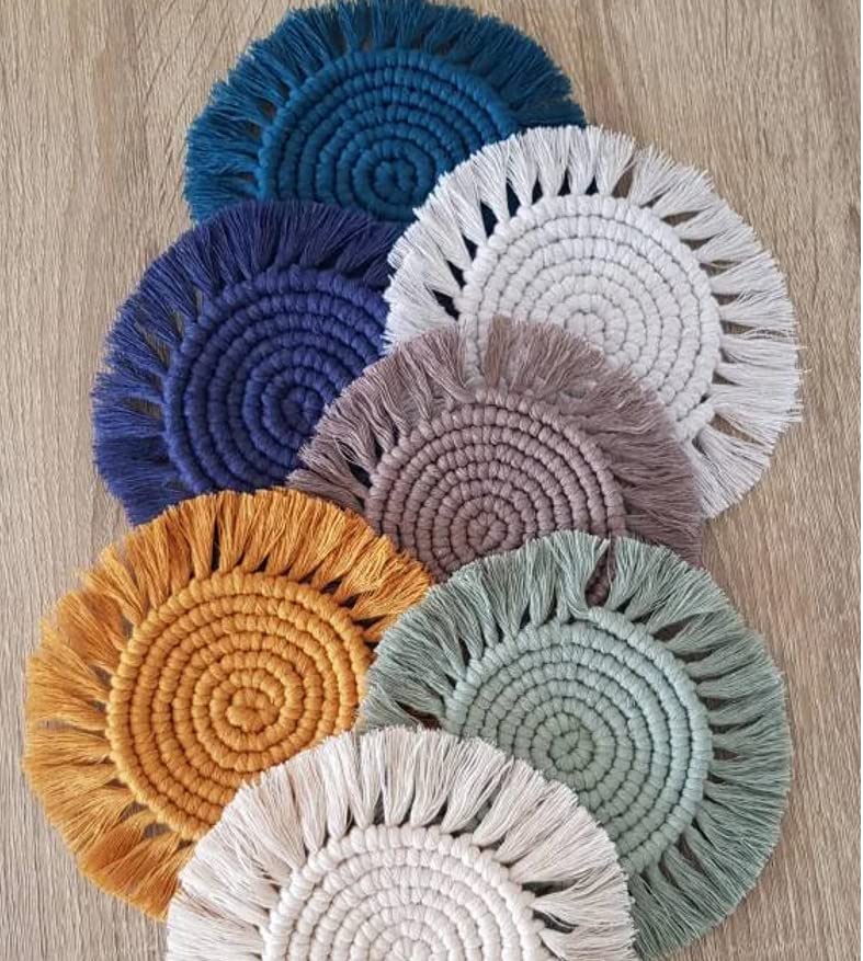SILVERBILL Macrame Fringe Coaster Woven Coaster Soft Cotton Macrame Candle Mat Bohemian Table Decor Multi ColorSet of 4 - Image 1
