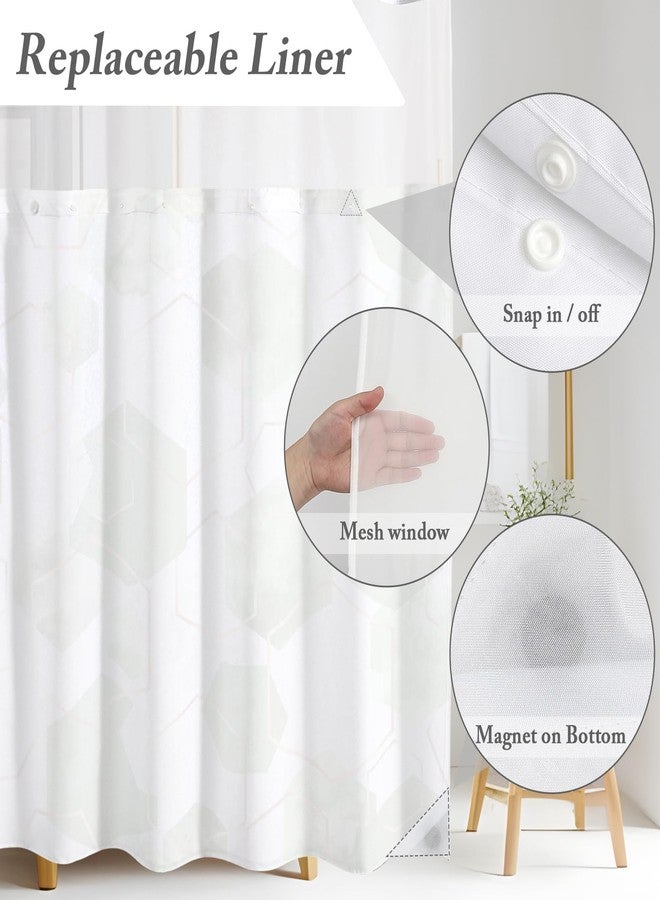 Litabel No Hook Long Sage Green Geometric Shower Curtain with Snap-in Fabric Liner Set - 72" x 80"(78"), Hotel Style with See Through Top Window, Waterproof Shower Curtain Set - Image 4