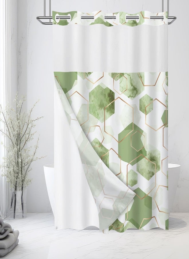 Litabel No Hook Long Sage Green Geometric Shower Curtain with Snap-in Fabric Liner Set - 72" x 80"(78"), Hotel Style with See Through Top Window, Waterproof Shower Curtain Set - Image 1