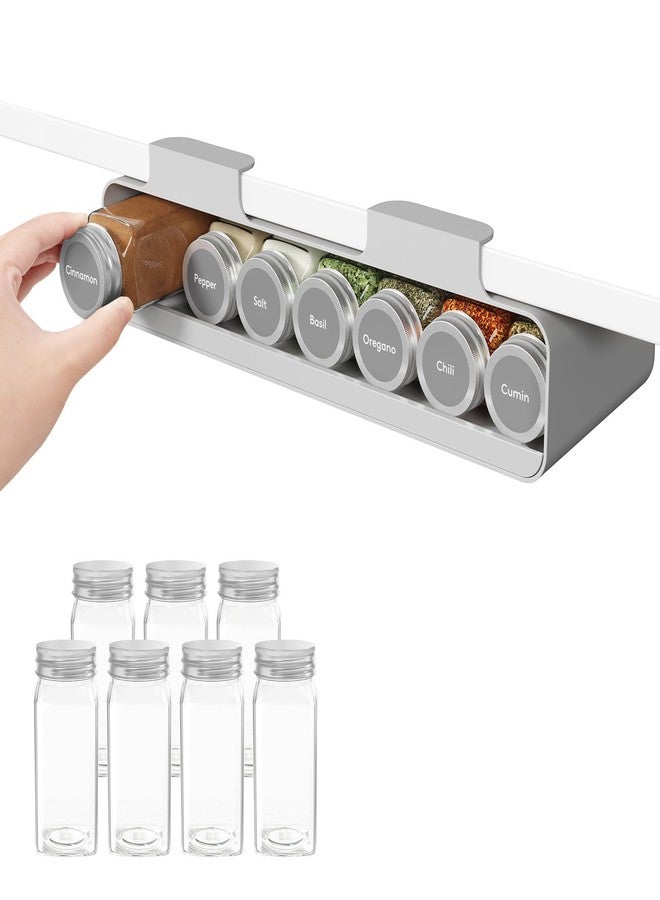 Lifewit Under Cabinet Spice Rack Organizer with 7 Jars, Lables, Under Shelf, Easy Refilling with Silicone Funnel,Seasoning Organizer for Kitchen Storage Solution, Gray - Image 1