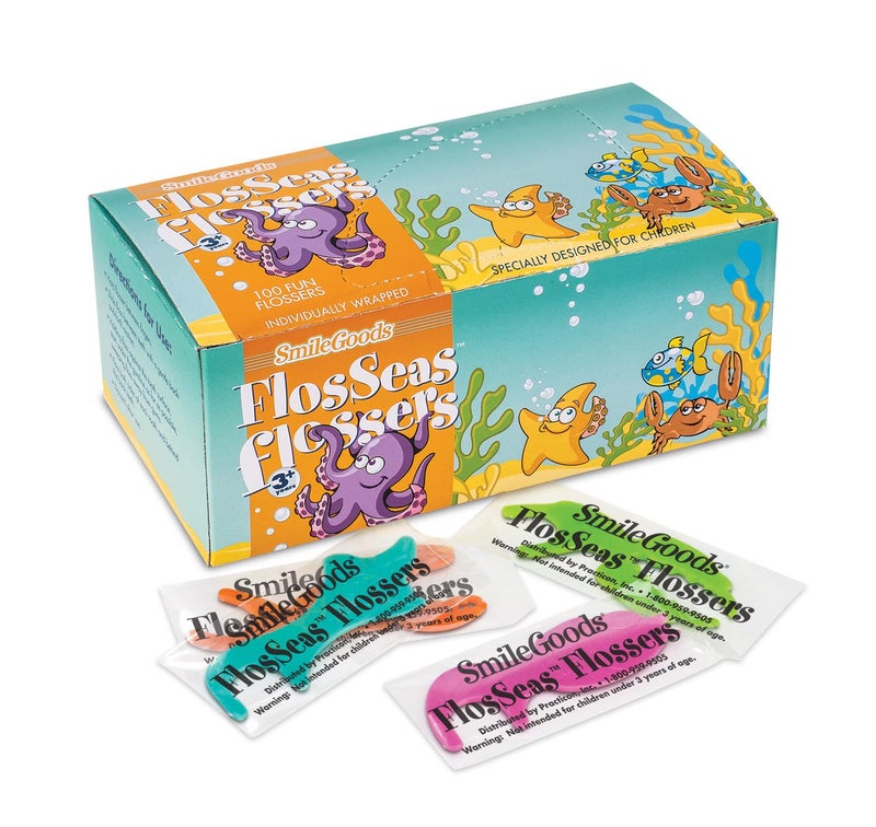 Practicon SmileGoods FlosSeas Flossers, Individually Wrapped Kids Flossers, Sea Animal Shaped Flosser for Children, Box of 200 - Image 1