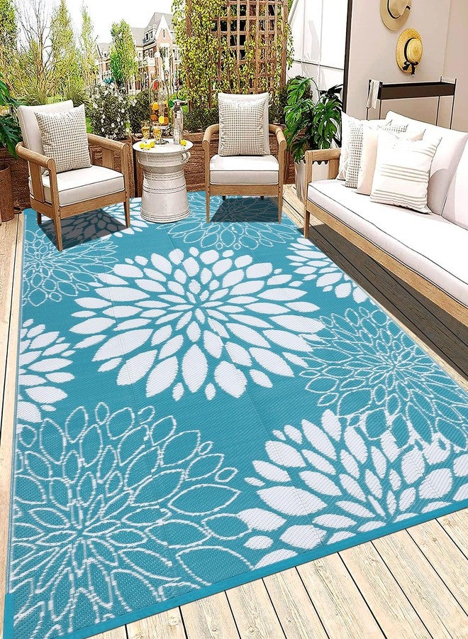 Ileading Reversible Outdoor Rug 5x8Ft Waterproof Patio Rug Carpet Portable Outdoor Plastic Straw Rug Large RV Camping Mat Rug for Patio, Clearance, Deck, Beach, Porch, Camping, Picnic, Flower Teal - Image 1