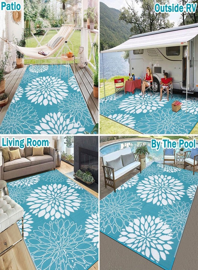 Ileading Reversible Outdoor Rug 5x8Ft Waterproof Patio Rug Carpet Portable Outdoor Plastic Straw Rug Large RV Camping Mat Rug for Patio, Clearance, Deck, Beach, Porch, Camping, Picnic, Flower Teal - Image 4