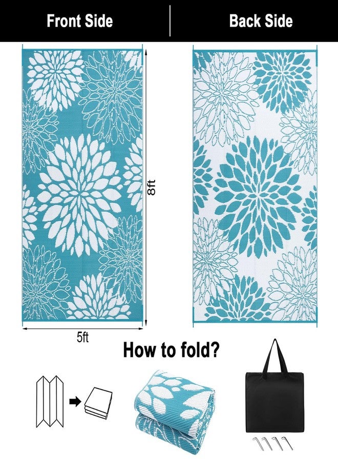 Ileading Reversible Outdoor Rug 5x8Ft Waterproof Patio Rug Carpet Portable Outdoor Plastic Straw Rug Large RV Camping Mat Rug for Patio, Clearance, Deck, Beach, Porch, Camping, Picnic, Flower Teal - Image 2