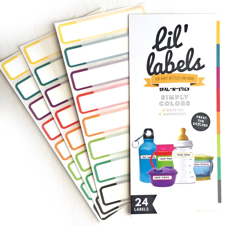 Lil' Labels Bottle Labels, Food Pantry Label, Write-On, Self-Laminating, Waterproof Kids Name Labels for Baby Bottles for Daycare School, Dishwasher, Freezer, Kitchen Safe (Simply Colors - Rainbow Inspired) - Image 1
