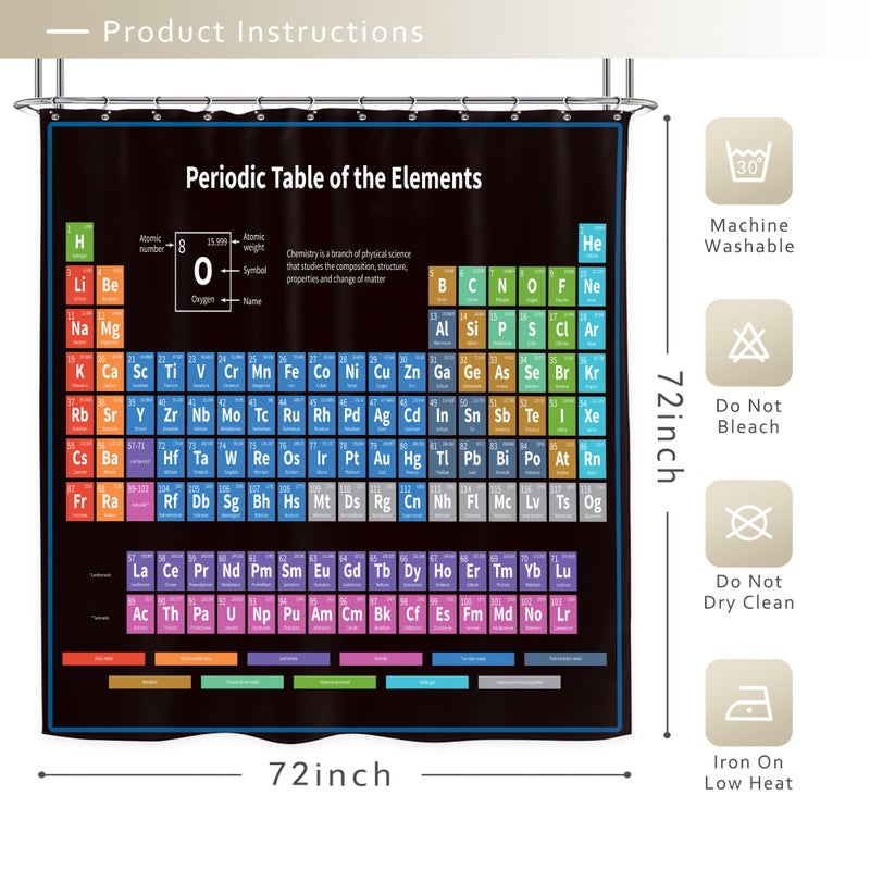 Riyidecor Periodic Table of Elements Shower Curtain Colorful Science Technology Kids Chemical School Student Waterproof Fabric Polyester Bathroom Decor Set 72x72 Inch 12 Pack Plastic Hooks - Image 5