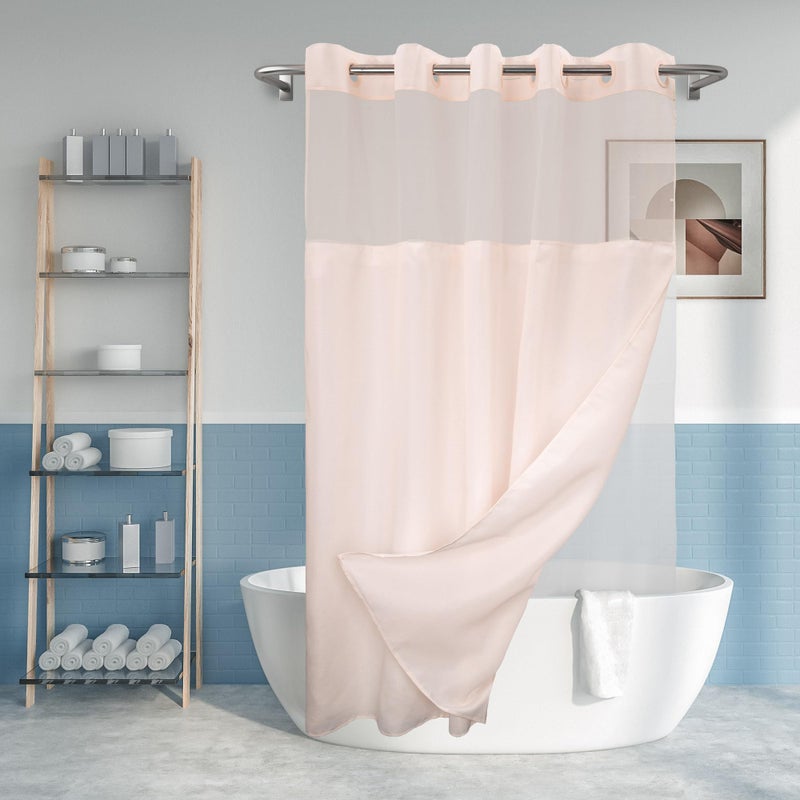 River Dream No Hook Slub Textured Shower Curtain with Snap-in PEVA Liner Set - 71" x 74"(72"), Hotel Style with See Through Top Window, Fabric Outer Curtain & Waterproof Inner Liner, Pink, 71x74 - Image 1