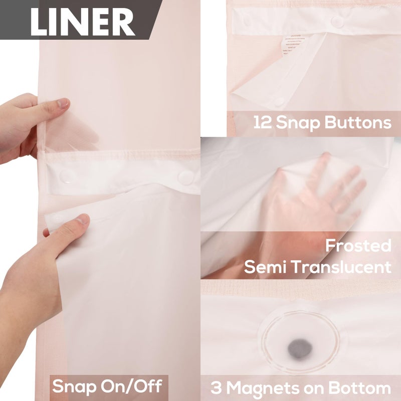 River Dream No Hook Slub Textured Shower Curtain with Snap-in PEVA Liner Set - 71" x 74"(72"), Hotel Style with See Through Top Window, Fabric Outer Curtain & Waterproof Inner Liner, Pink, 71x74 - Image 5