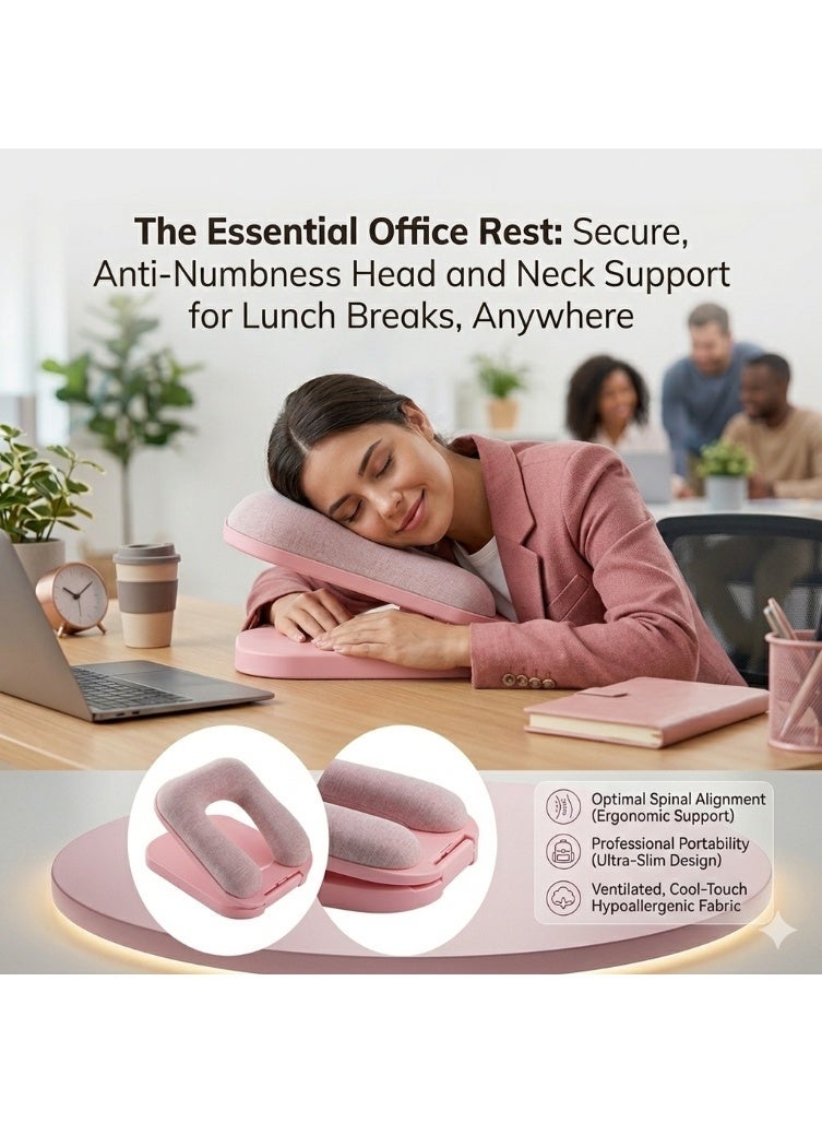 Leostar Ergonomic Foldable Desktop Nap Pillow for Kids & Students - Portable U-Shaped Memory Foam Face Down Sleeping Cushion, Head & Neck Support Sleep Aid for School Classroom - Pink - Image 2