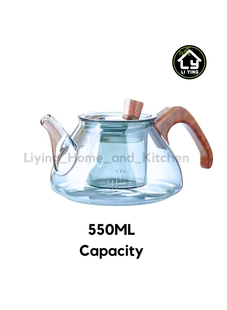 Liying 550ml Glass Tea Kettle With Wooden Handle, Stovetop & microwave-safe glass Borosilicate Teapot, Teapot With Infuser (Clear)  - Image 1