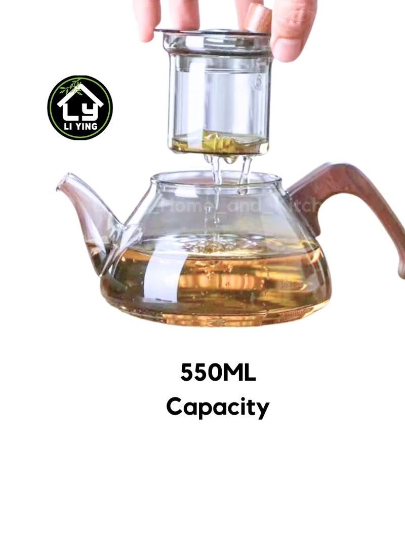 Liying 550ml Glass Tea Kettle With Wooden Handle, Stovetop & microwave-safe glass Borosilicate Teapot, Teapot With Infuser (Clear)  - Image 3
