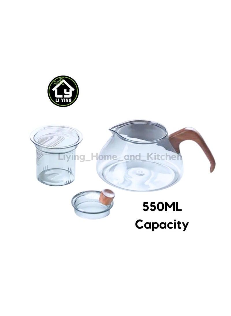 Liying 550ml Glass Tea Kettle With Wooden Handle, Stovetop & microwave-safe glass Borosilicate Teapot, Teapot With Infuser (Clear)  - Image 2