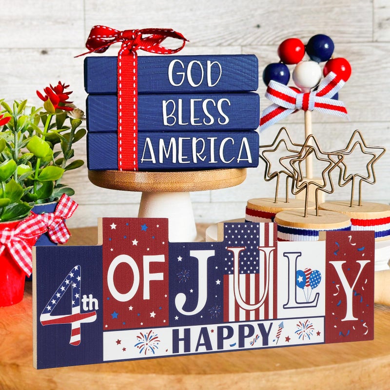 Sophena 4th of July Decorations Wooden Table Sign Summer Decorations  Patriotic Independence Day Memorial Day Decorations Reversible Double-sided Different Theme Farmhouse Tabletop Centerpiece Decor - Image 3