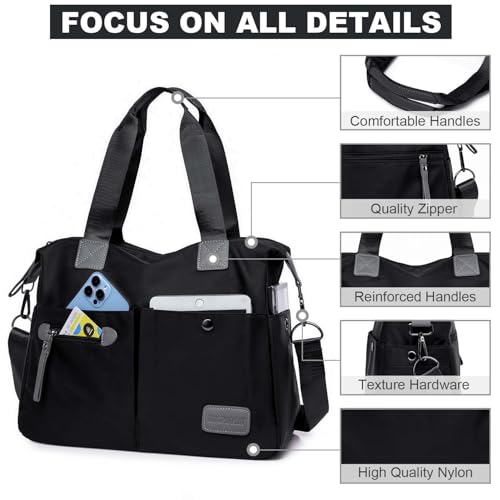 YouNuo Women's Tote Bag with Multiple Pockets & Zipper, Black 1, Nylon, 13"L x 11.8"H x 5.1"D, 6"-drop dual handles, Detachable adjustable shoulder strap included - Image 3