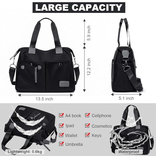 YouNuo Women's Tote Bag with Multiple Pockets & Zipper, Black 1, Nylon, 13"L x 11.8"H x 5.1"D, 6"-drop dual handles, Detachable adjustable shoulder strap included - Image 4