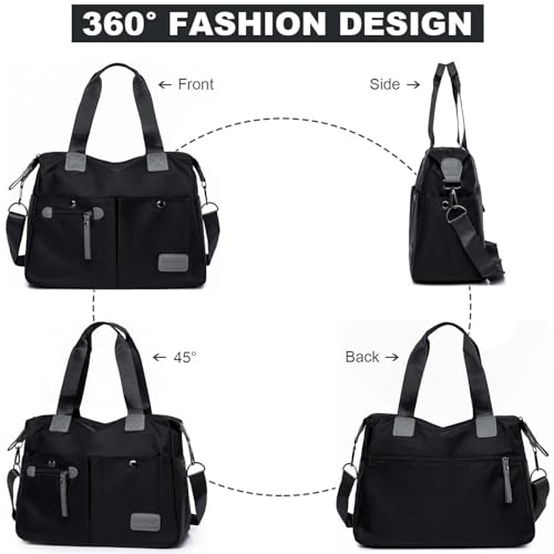 YouNuo Women's Tote Bag with Multiple Pockets & Zipper, Black 1, Nylon, 13"L x 11.8"H x 5.1"D, 6"-drop dual handles, Detachable adjustable shoulder strap included - Image 2