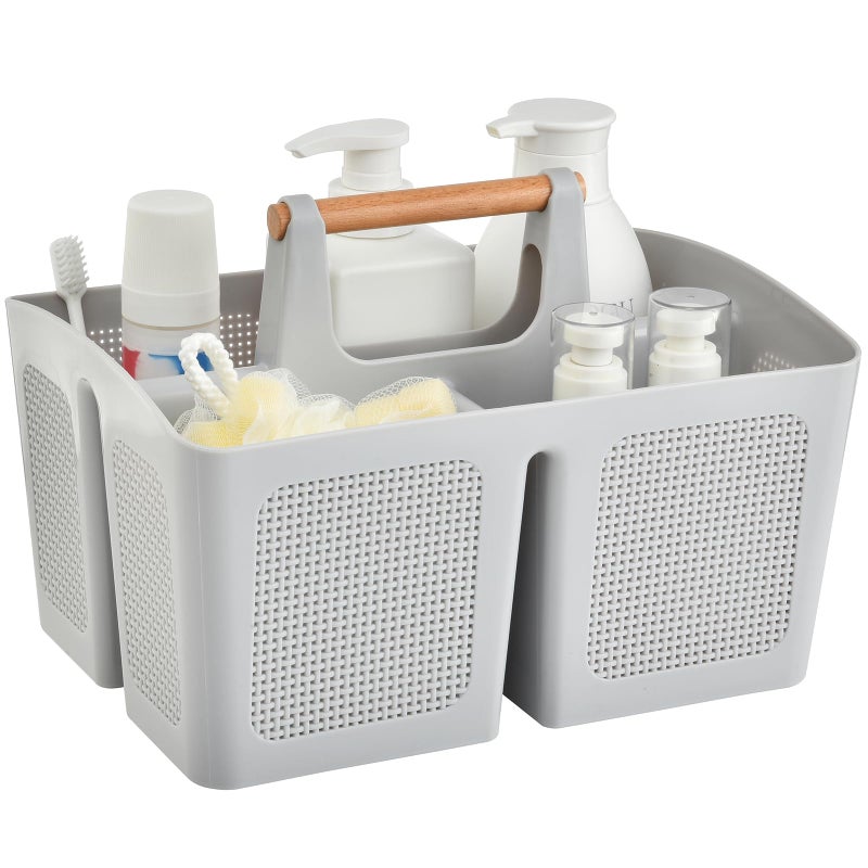 ALINK Portable Shower Caddy Basket with Compartments, Plastic Divided Cleaning Caddy Organizer Storage Tote with Handle for Bathroom, College, Dorm Room Essentials, Light Gray - Image 1