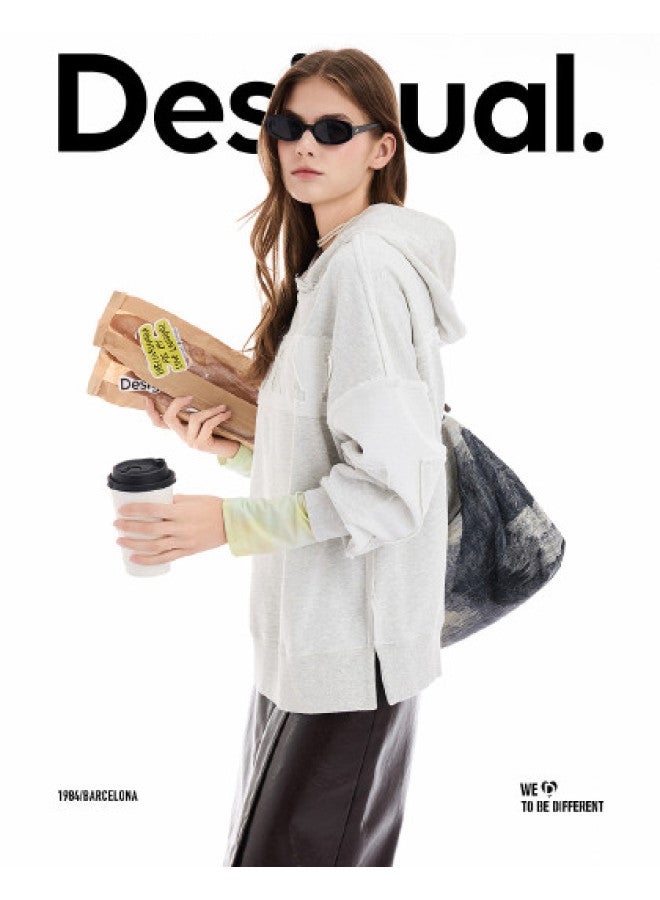DESIGUAL 25 مجموعة جديدة خريف/شتاء سترة نسائية رمادية محبوكة بتصميم ممزق مع غطاء رأس - Image 1
