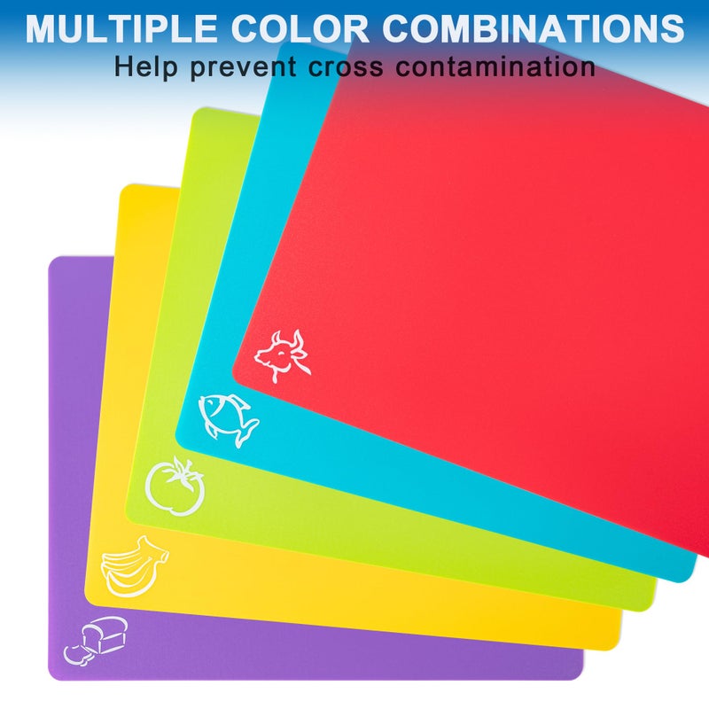 CADONO 5 Pieces Flexible Plastic Cutting Board Mats with Food Icons, BPA Free Cutting Boards for Kitchen, Non Slip Cutting Mat for Meat and Vegetables (Red, Bright Yellow, Light Green, Purple, Lake Blue) - Image 4