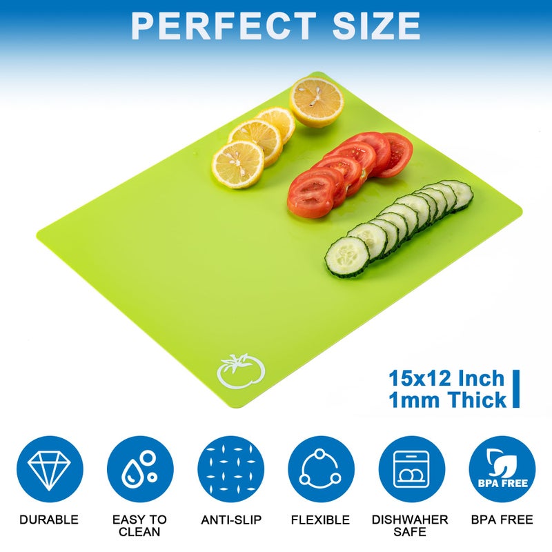 CADONO 5 Pieces Flexible Plastic Cutting Board Mats with Food Icons, BPA Free Cutting Boards for Kitchen, Non Slip Cutting Mat for Meat and Vegetables (Red, Bright Yellow, Light Green, Purple, Lake Blue) - Image 2