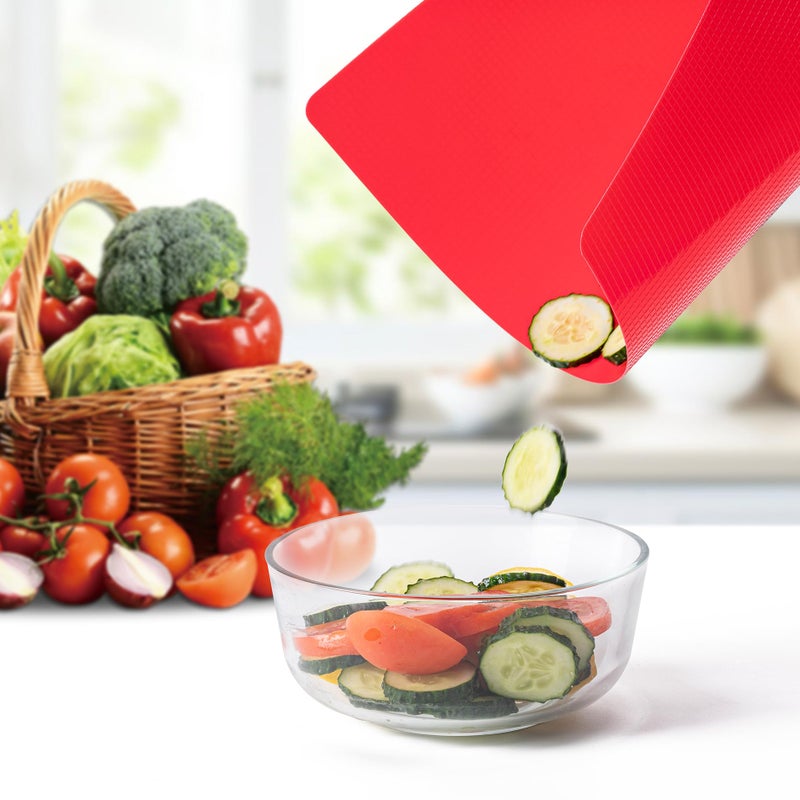 CADONO 5 Pieces Flexible Plastic Cutting Board Mats with Food Icons, BPA Free Cutting Boards for Kitchen, Non Slip Cutting Mat for Meat and Vegetables (Red, Bright Yellow, Light Green, Purple, Lake Blue) - Image 5