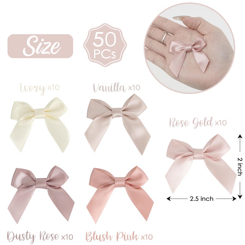 AIMUDI 5 Colors Pink 2" Satin Bows Self Adhesive Satin Bows for Gift Wrapping Premade Satin Bows with Double-Sided Tape for Making Crafts Baby Shower Birthday Party Wedding Decorations, 50 PCs - Image 2
