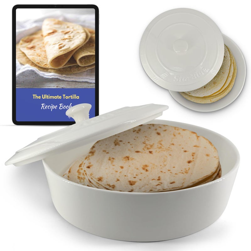 StarBlue 12 Inches Ceramic Tortilla Warmer with FREE Recipes ebook - White, Insulated One Hour, Chapati, Roti, Microwavable, Oven Safe - Image 1