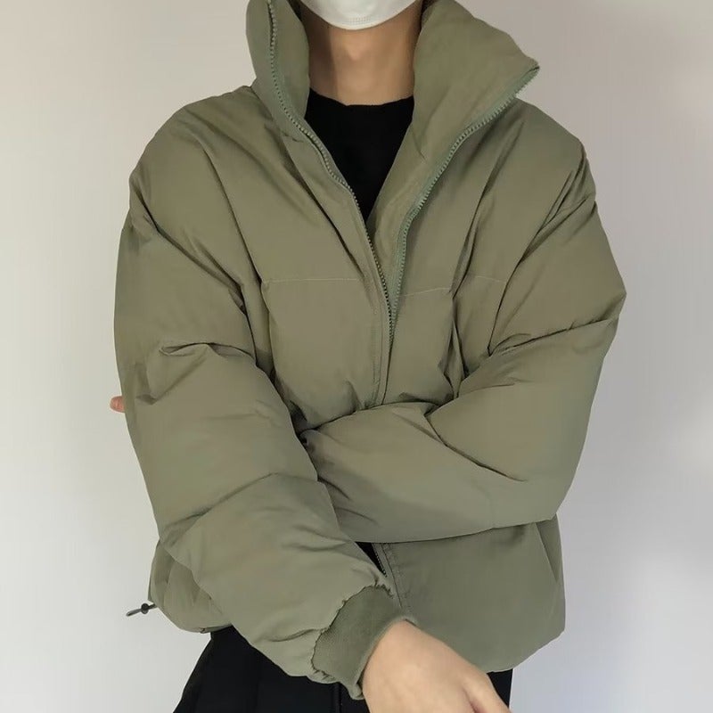 Winter Hong Kong style cotton-padded coat mens thickened warm bread coat sports casual fashion brand handsome solid color stand collar cotton-padded coat Green - Image 1