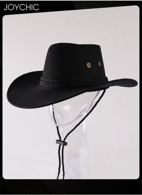 Classic Wide Brim Sun Protection Western Cowboy Style Hat with Adjustable Drawstring for Men Women Outdoor Travel Camping Black