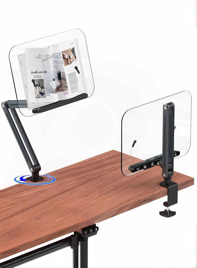 XiuWoo Desk Clamp Acrylic Book Stand for Reading, Ergonomic Design Adjustable Height up to 20 inches with Rotating Bases Cookbook Stand, Suitable for Recipe Sheet Music Tablet,Black - Image 1