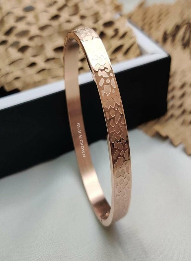 Black Crown BLACK Engraved Texure Leopard Print Unisex Jewelry, Rose Gold Plated Stainless Steel Fine Jewelry Cuff Bracelet Stainless Steel Material Kada. (ROSE GOLD)(Leopard Print) - Image 4