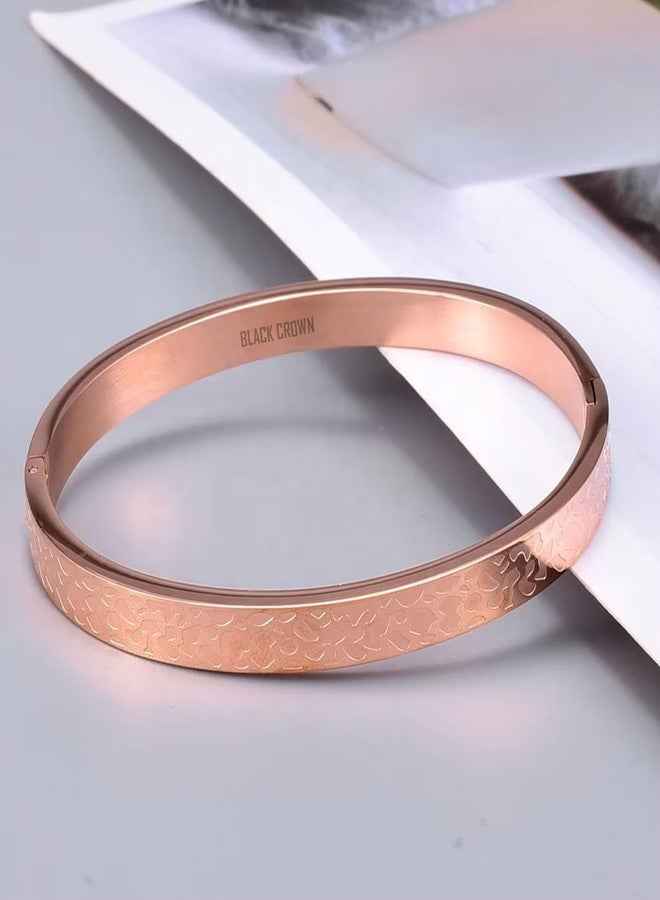 Black Crown BLACK Engraved Texure Leopard Print Unisex Jewelry, Rose Gold Plated Stainless Steel Fine Jewelry Cuff Bracelet Stainless Steel Material Kada. (ROSE GOLD)(Leopard Print) - Image 3