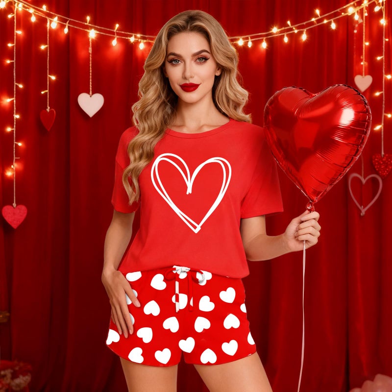 PECHAR Valentine Pajamas Women: Valentines Pjs 2 Piece Short Sleeve Heart Shirts and Pants Sleepwear Set Loungewear - Image 2