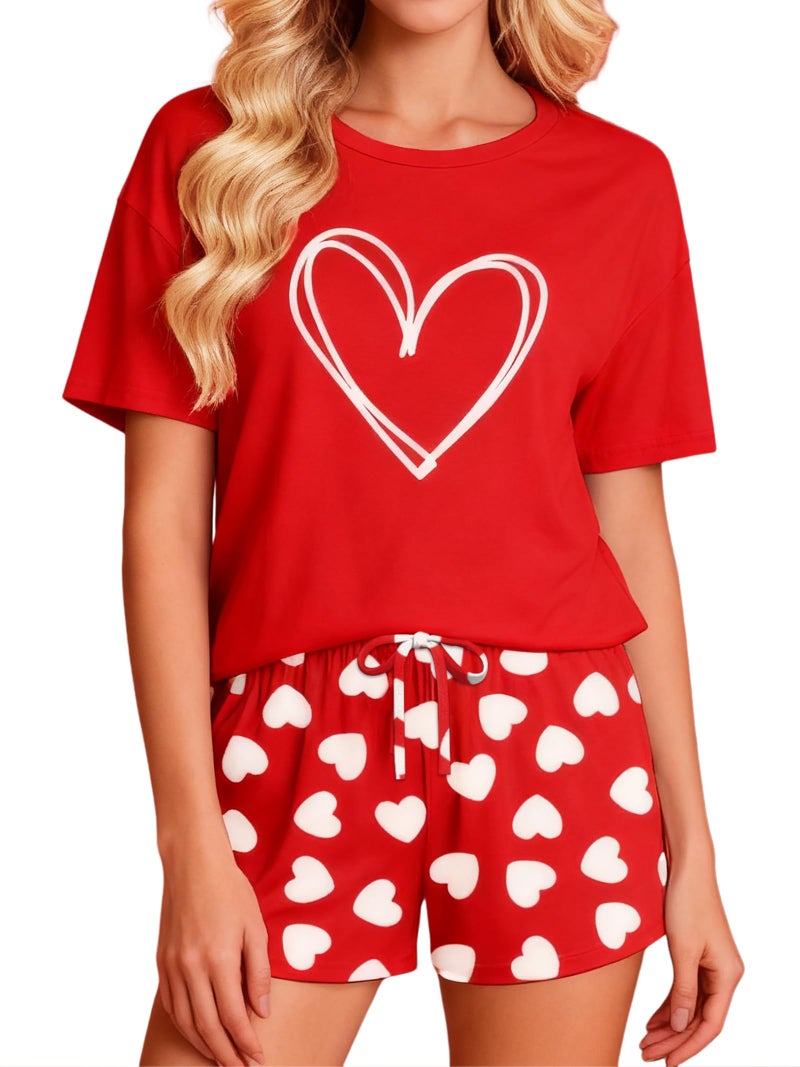 PECHAR Valentine Pajamas Women: Valentines Pjs 2 Piece Short Sleeve Heart Shirts and Pants Sleepwear Set Loungewear - Image 1