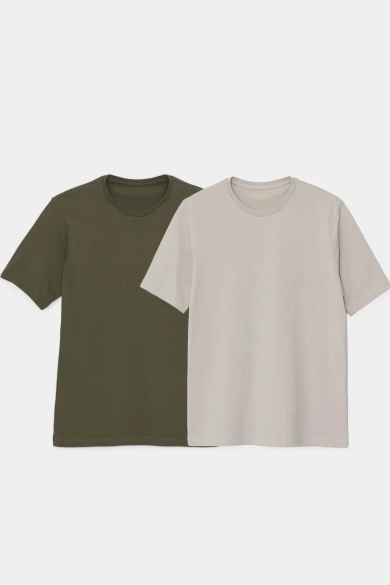 Sardem Khaki-Beige Slim Basic 2 Pack Basic 95% Cotton 5% Lycra T-Shirt